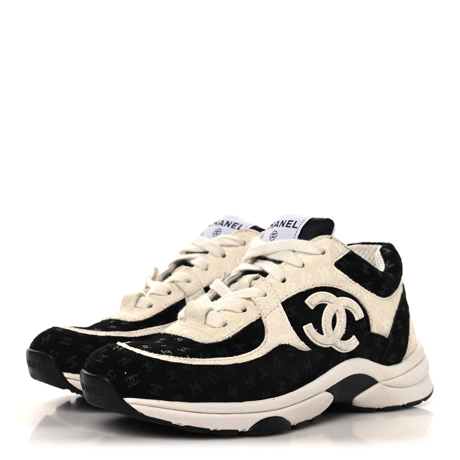 Chanel Suede Calfskin Printed CC Sneakers 36 White Black 4 of 9