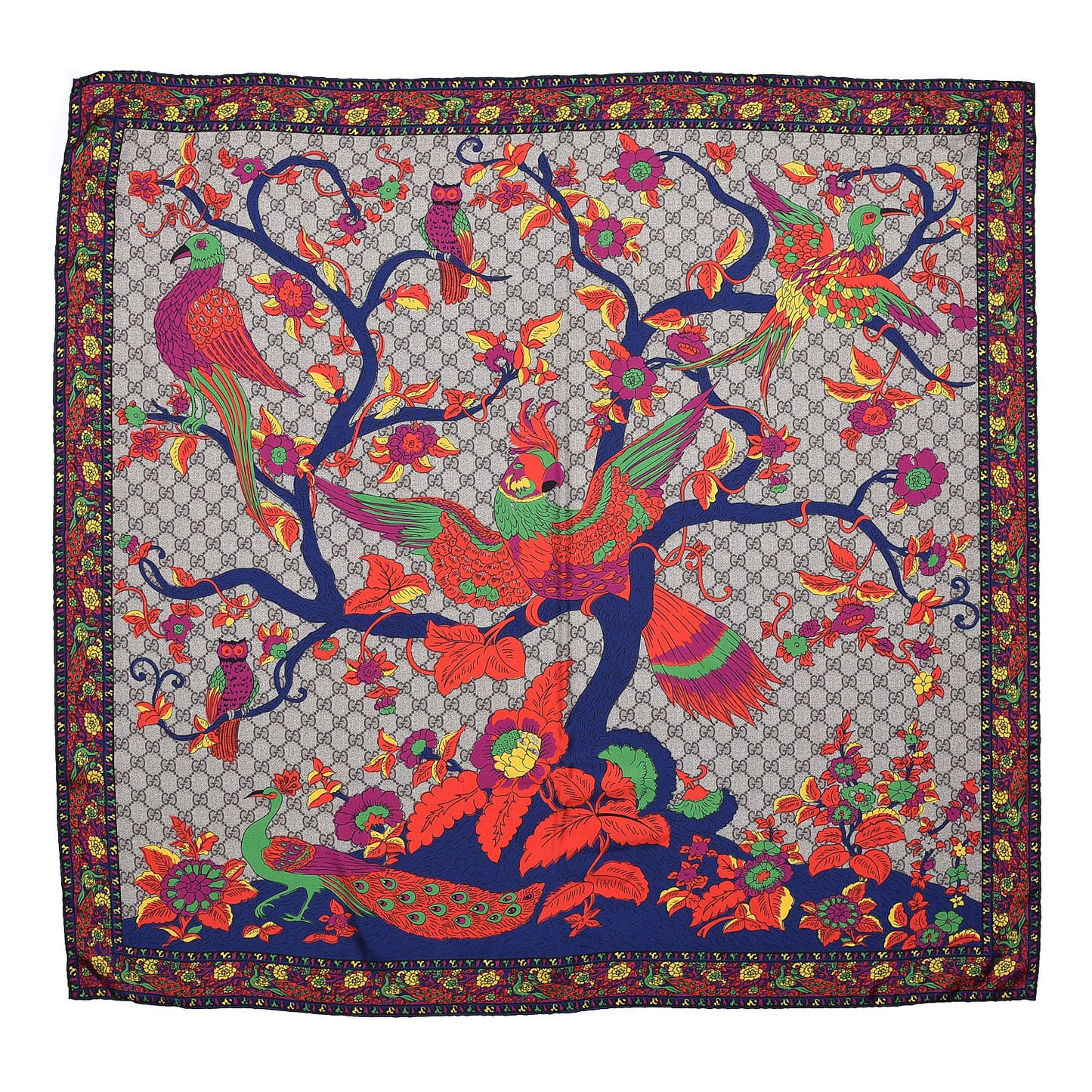 Silk Monogram Floral Birds Square Scarf Multicolor