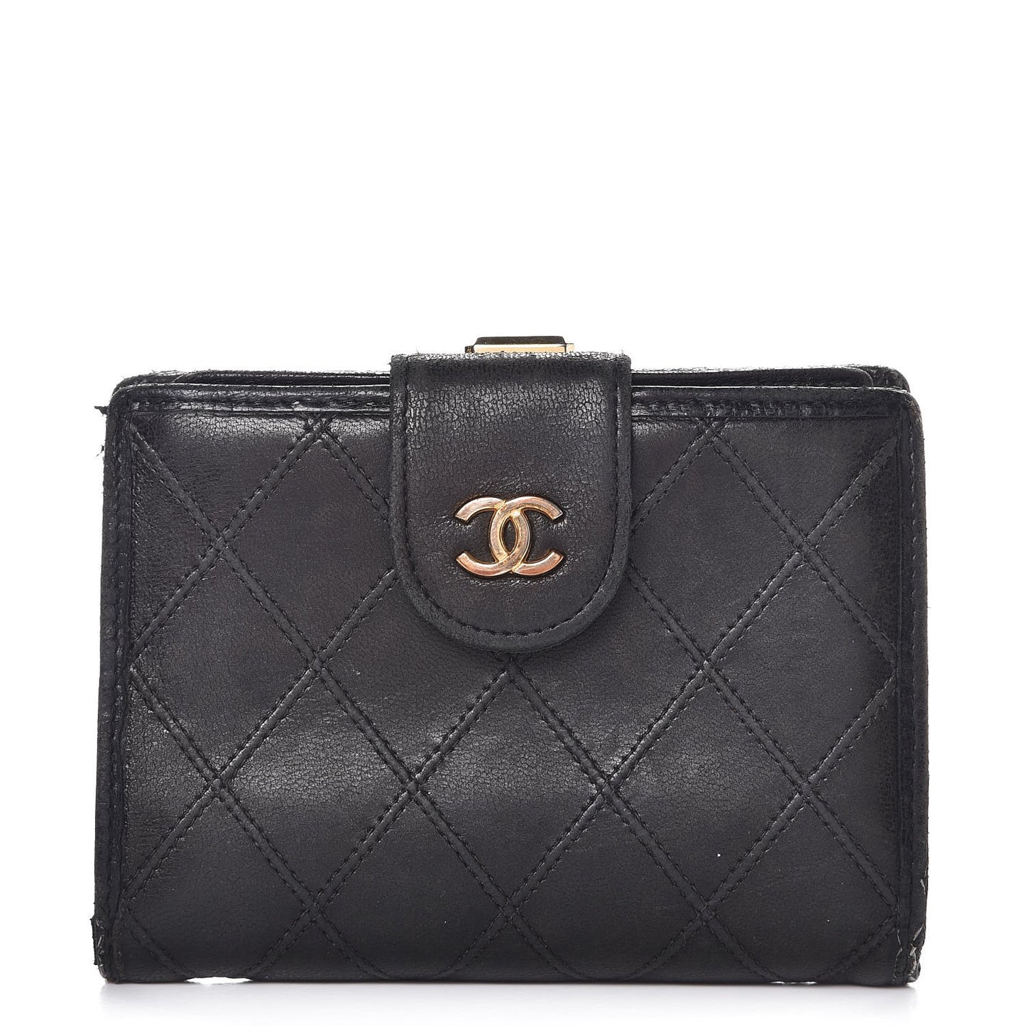 Lambskin Diamond Stitched Compact French Wallet Black