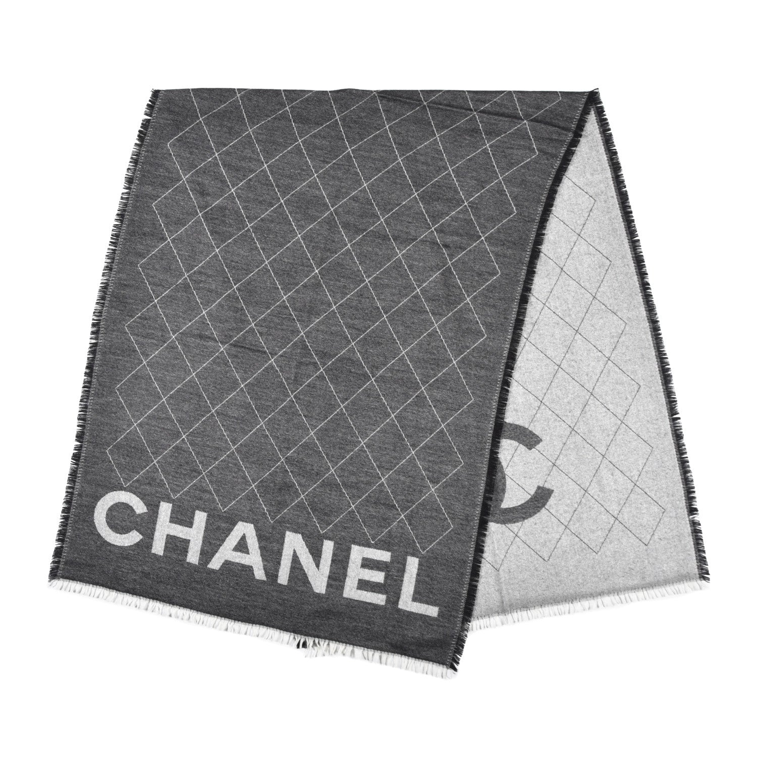 Chanel Cashmere Silk Quilted CC Logo Stole Black White 2 of 4