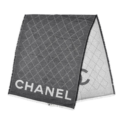 Chanel Cashmere Silk Quilted CC Logo Stole Black White 2 of 4