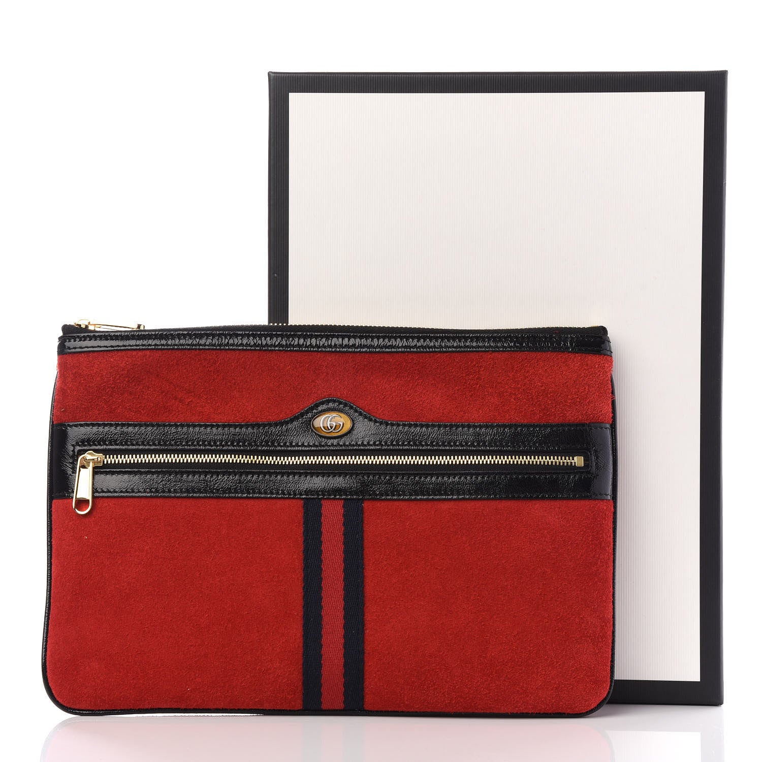 Gucci Suede Patent Web Large Ophidia Pouch Clutch Hibiscus Red Black 9 of 9