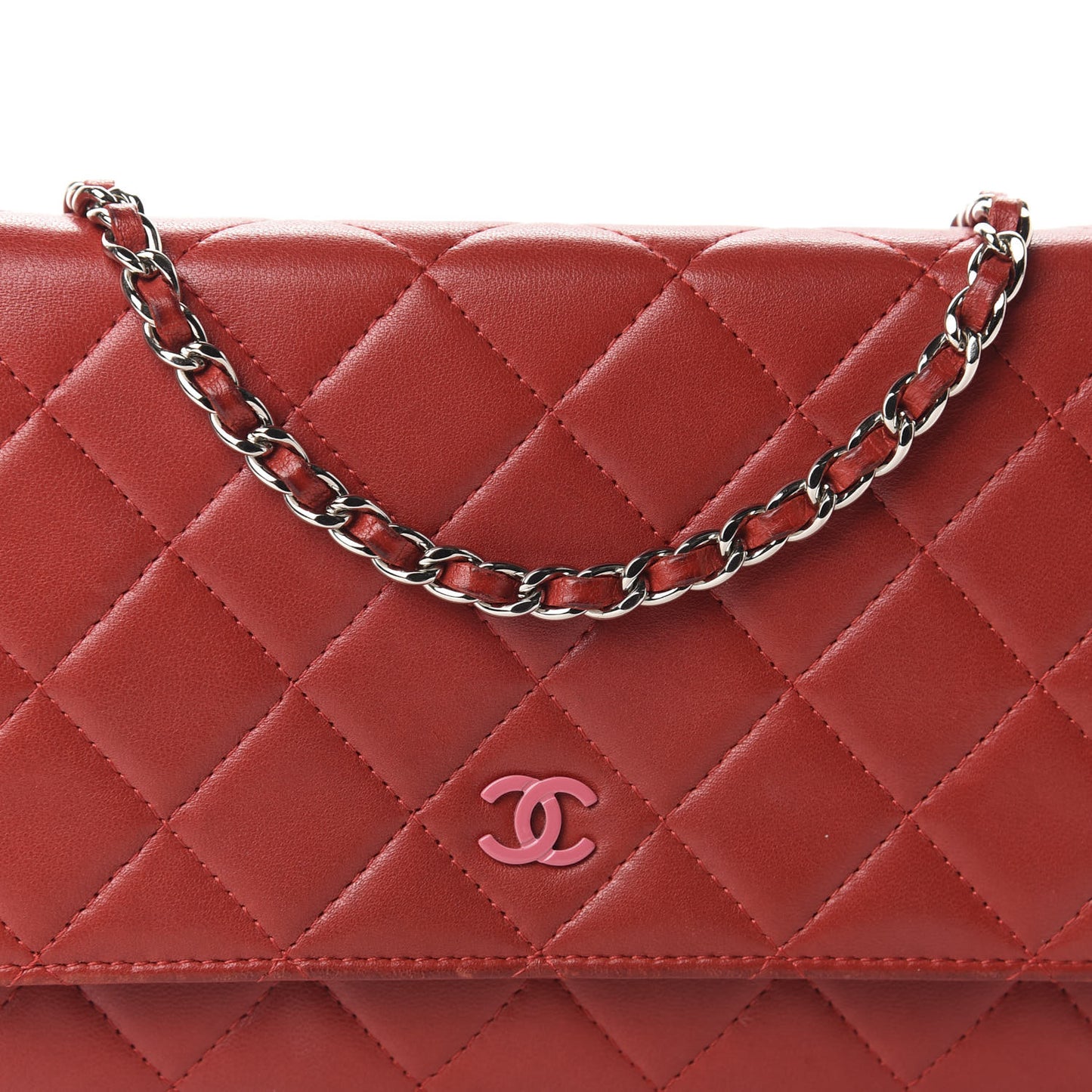 Lambskin Quilted Wallet On Chain WOC Red Pink