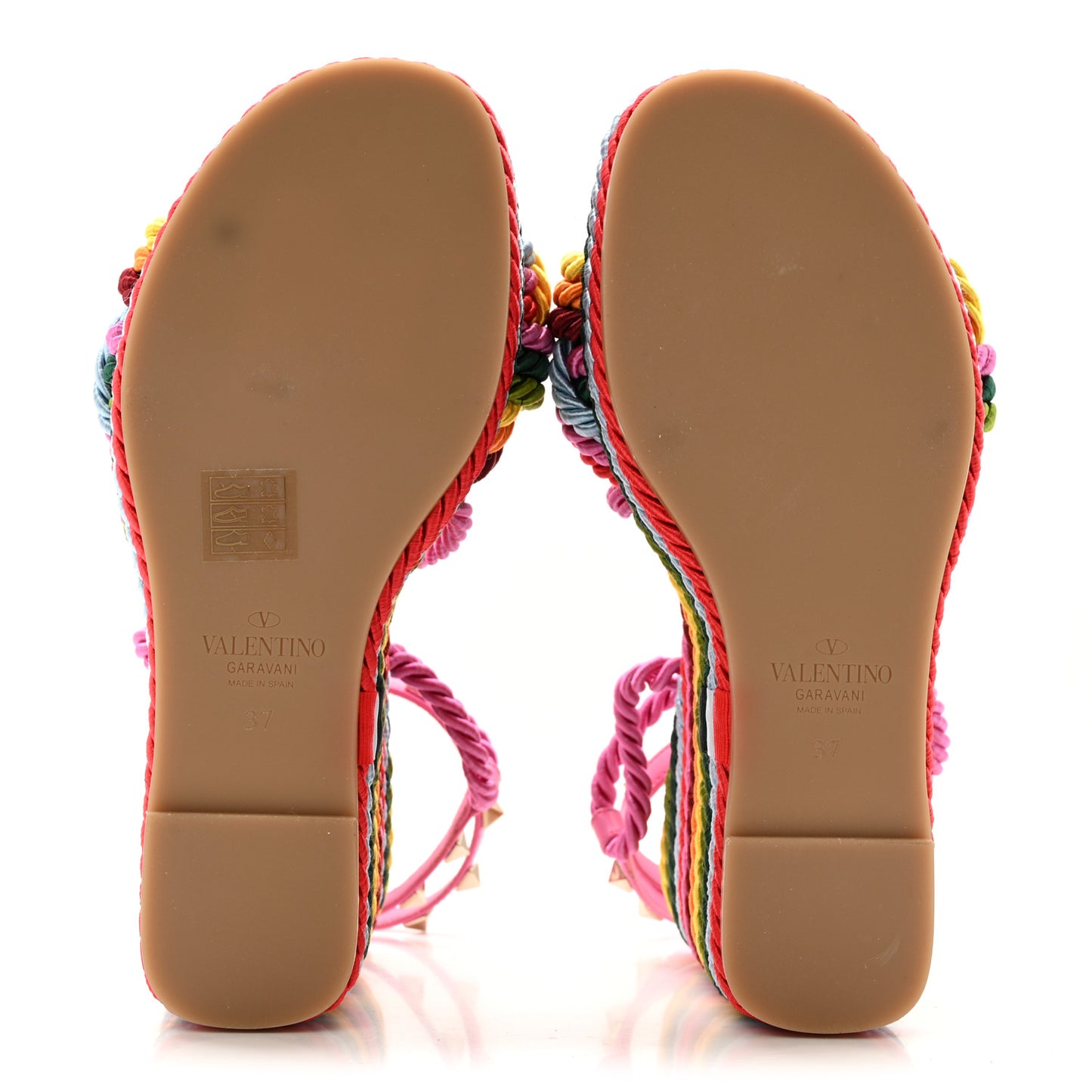 Calfskin Rockstud Ankle Strap Torchon Espadrille 25/115mm Wedge Sandals 37 Feminine Pink Multicolor