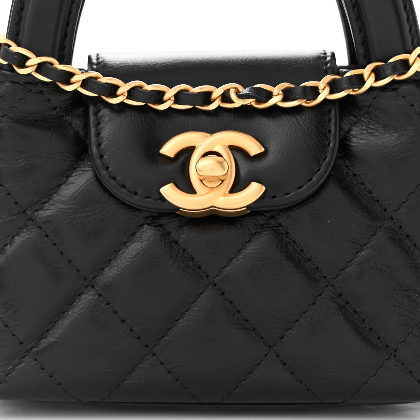 Shiny Aged Calfskin Quilted Mini Nano Kelly Shopper Black