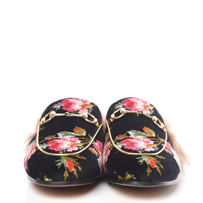 Gucci Velvet Fur Floral Womens Princetown Slippers 38.5 Black 2 of 8