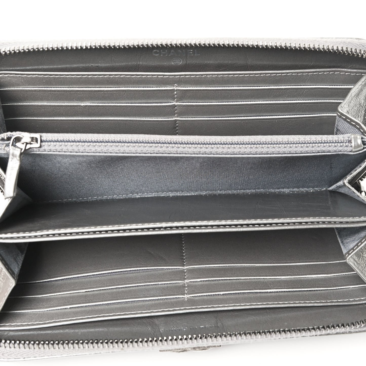 Metallic Calfskin Quilted Boy Chain Large Gusset Zip Around Wallet Silver