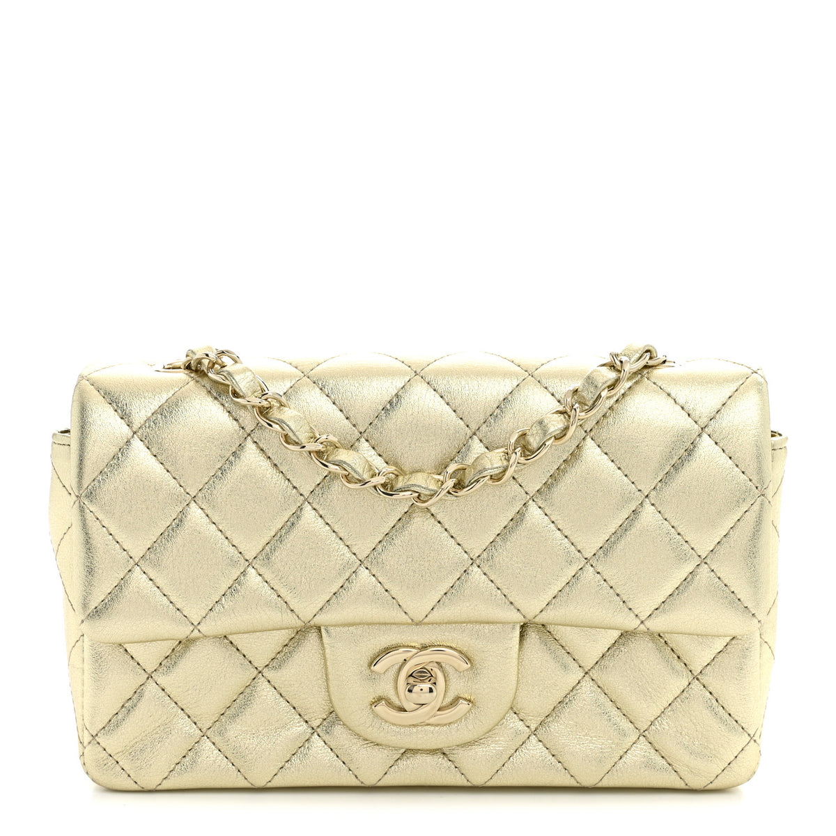 Metallic Lambskin Quilted Mini Rectangular Flap Gold