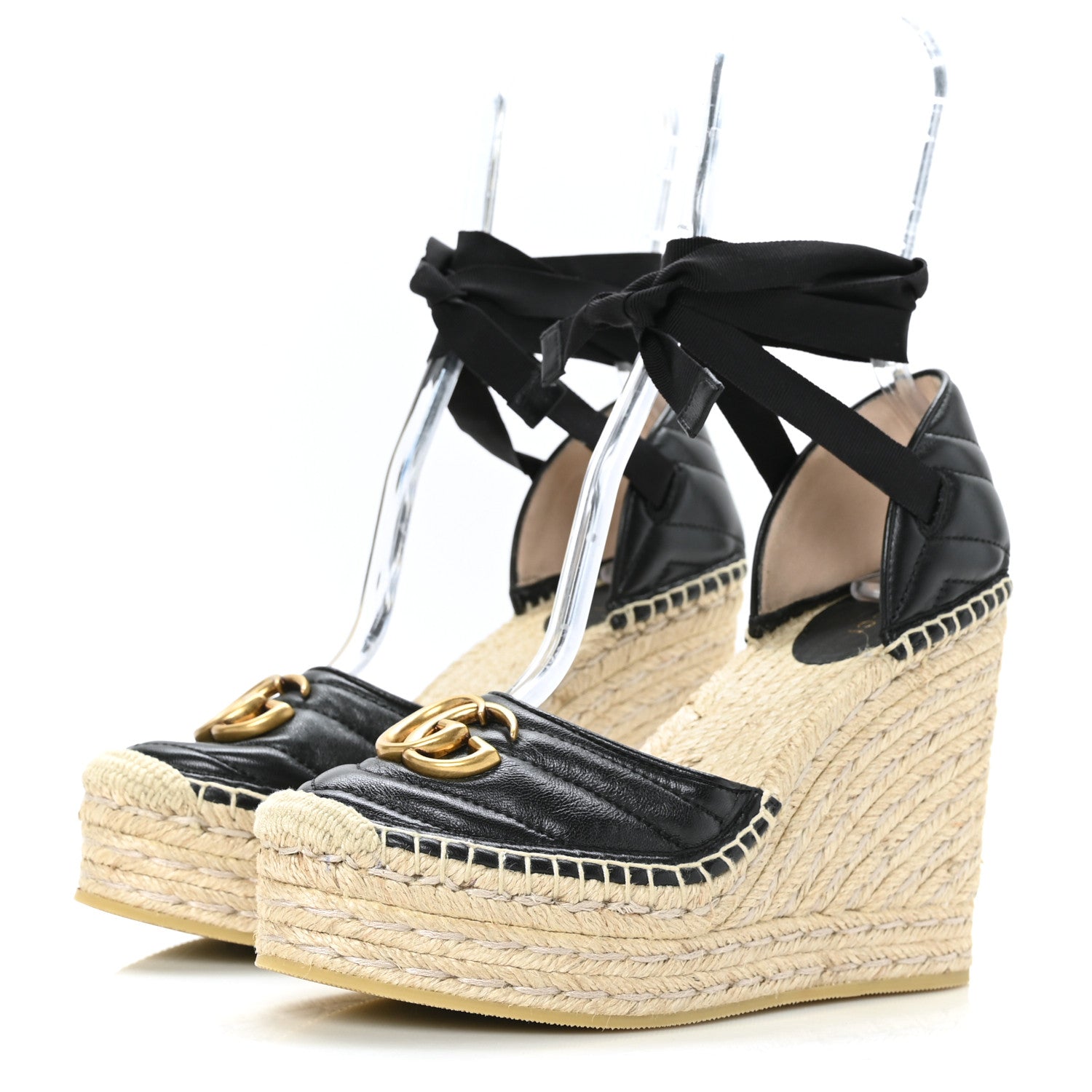Gucci Nappa Matelasse GG Marmont Ankle Wrap Platform 35/120mm Espadrille Wedges 38.5 Black 3 of 9
