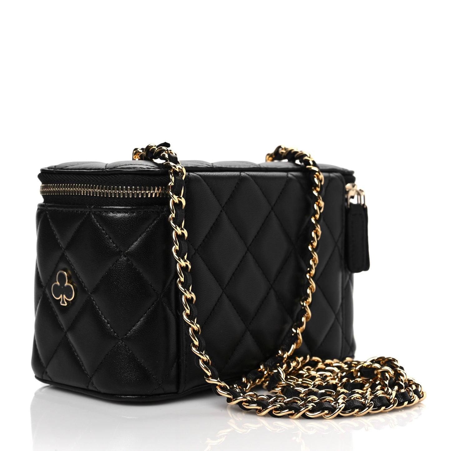 Lambskin Quilted Enamel Coco Casino Small Vanity Case With Chain Black