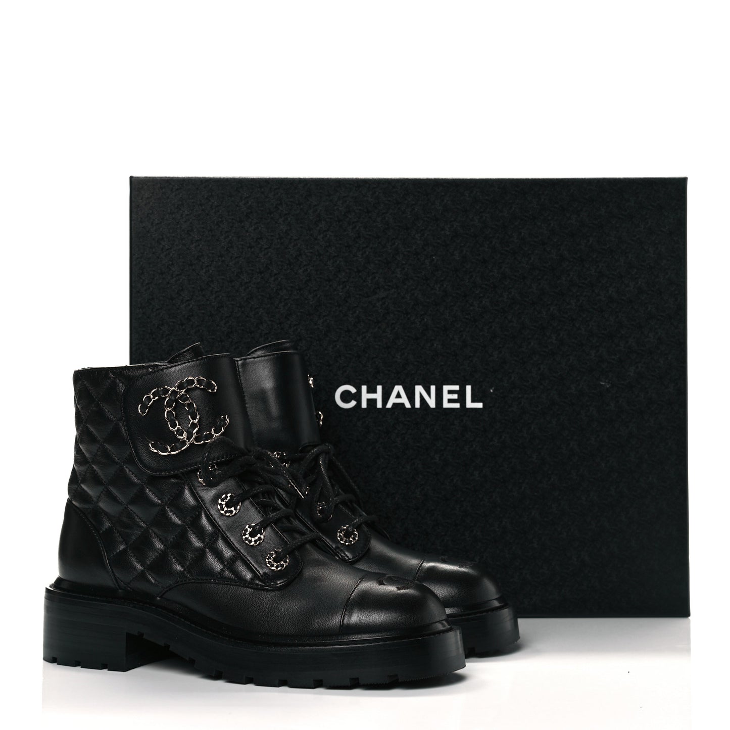 Shiny Lambskin Quilted Lace Up Combat Boots 36 Black