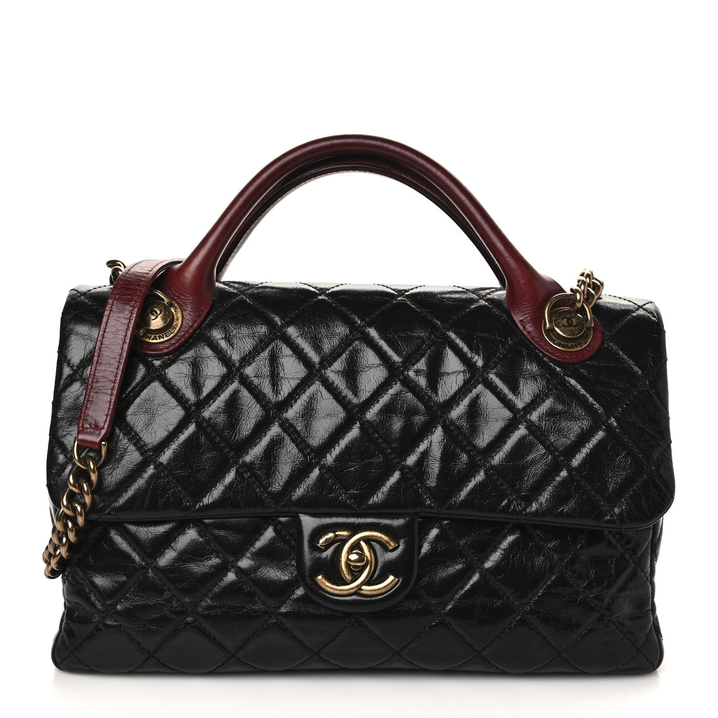 Glazed Calfskin Castle Rock Large Flap Black Burgundy