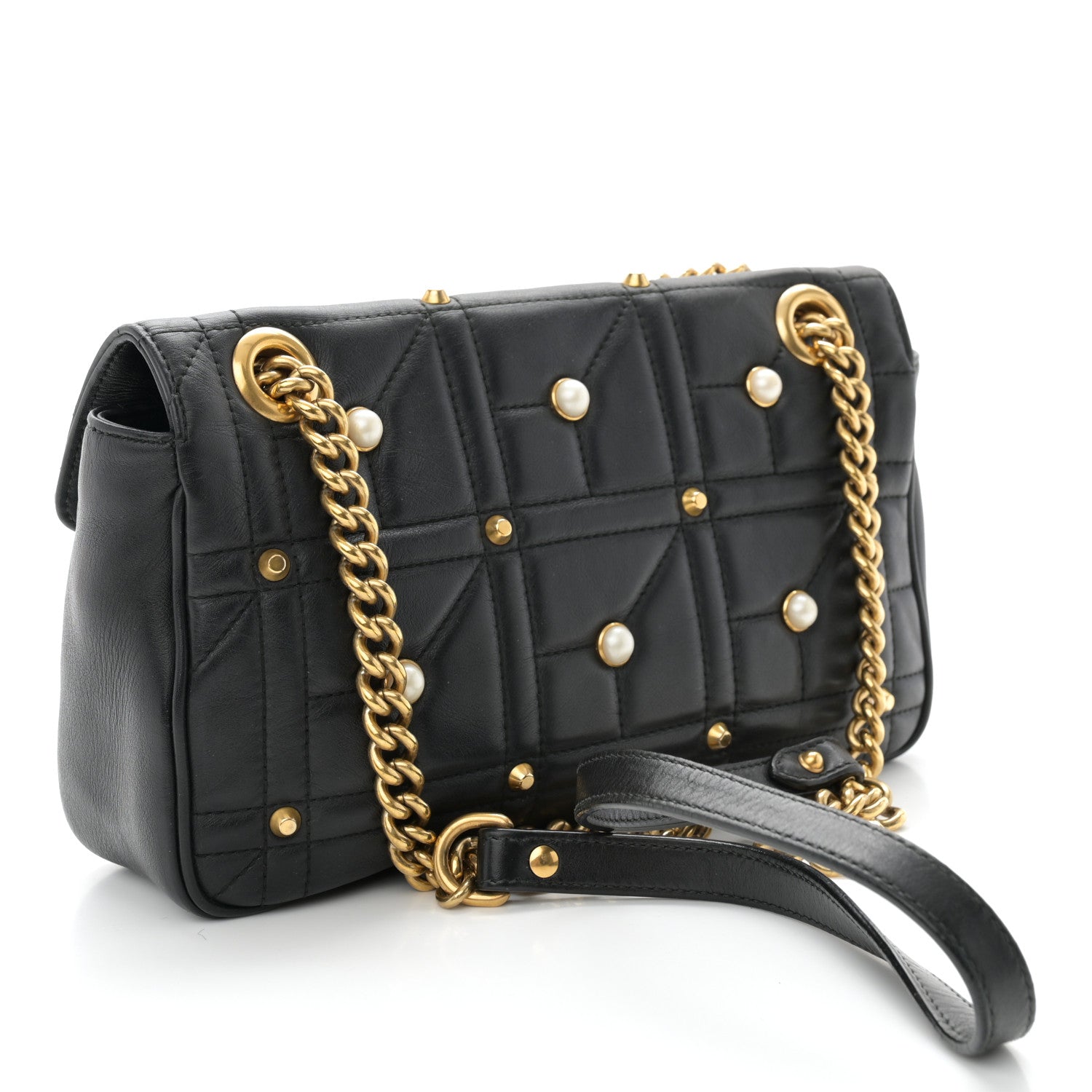 Gucci Calfskin Matelasse Studded Small Pearly GG Marmont Shoulder Bag Black 3 of 11