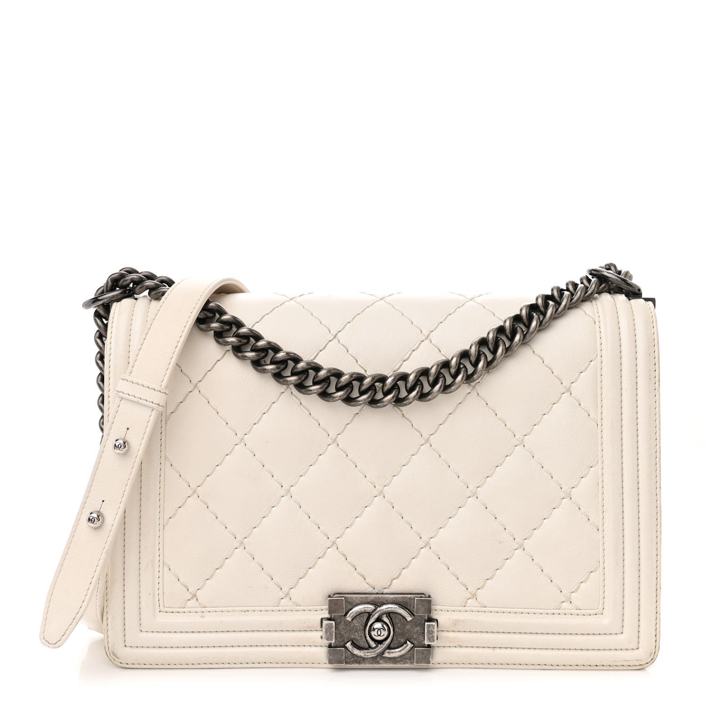 Calfskin Double Stitch New Medium Boy Flap White