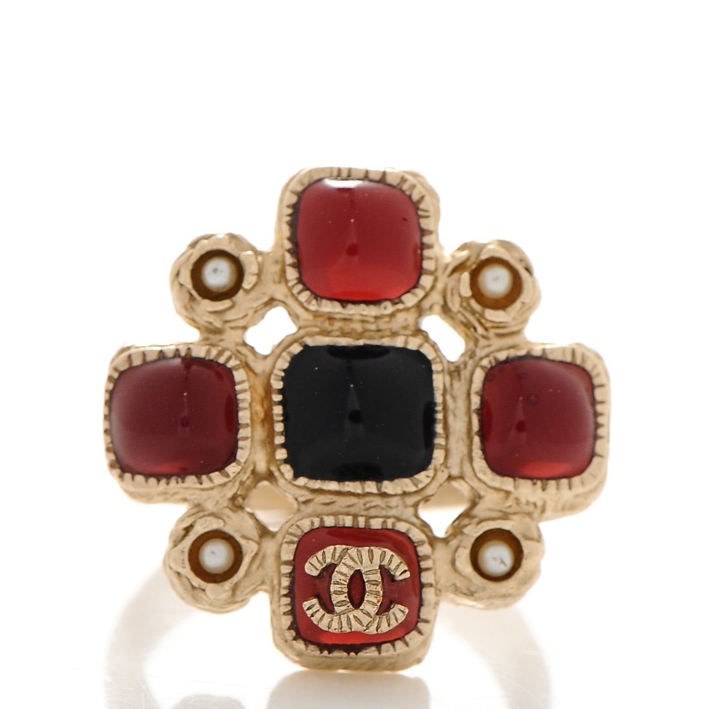 Gripoix Pearl Maltese Cross CC Ring 6.5 Red Gold