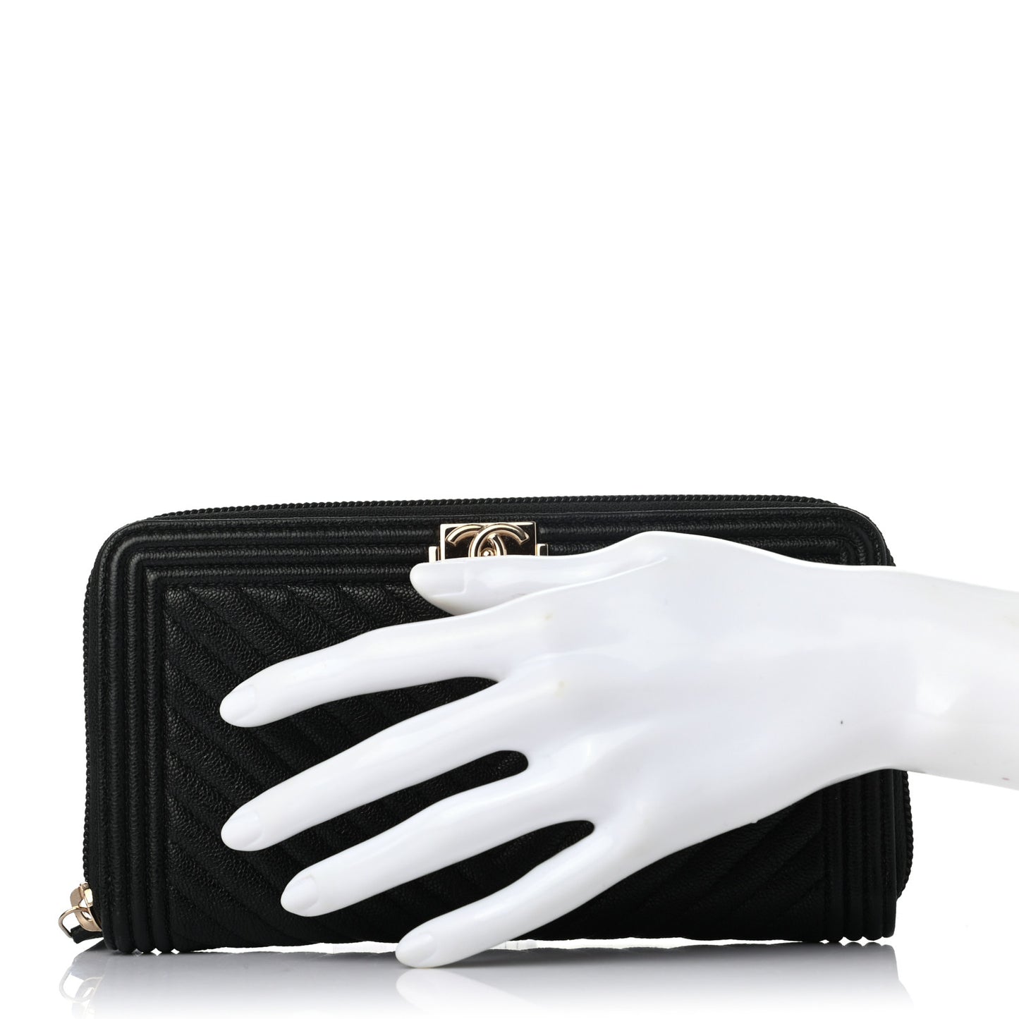 Caviar Chevron Quilted Zip Around Boy Wallet Black