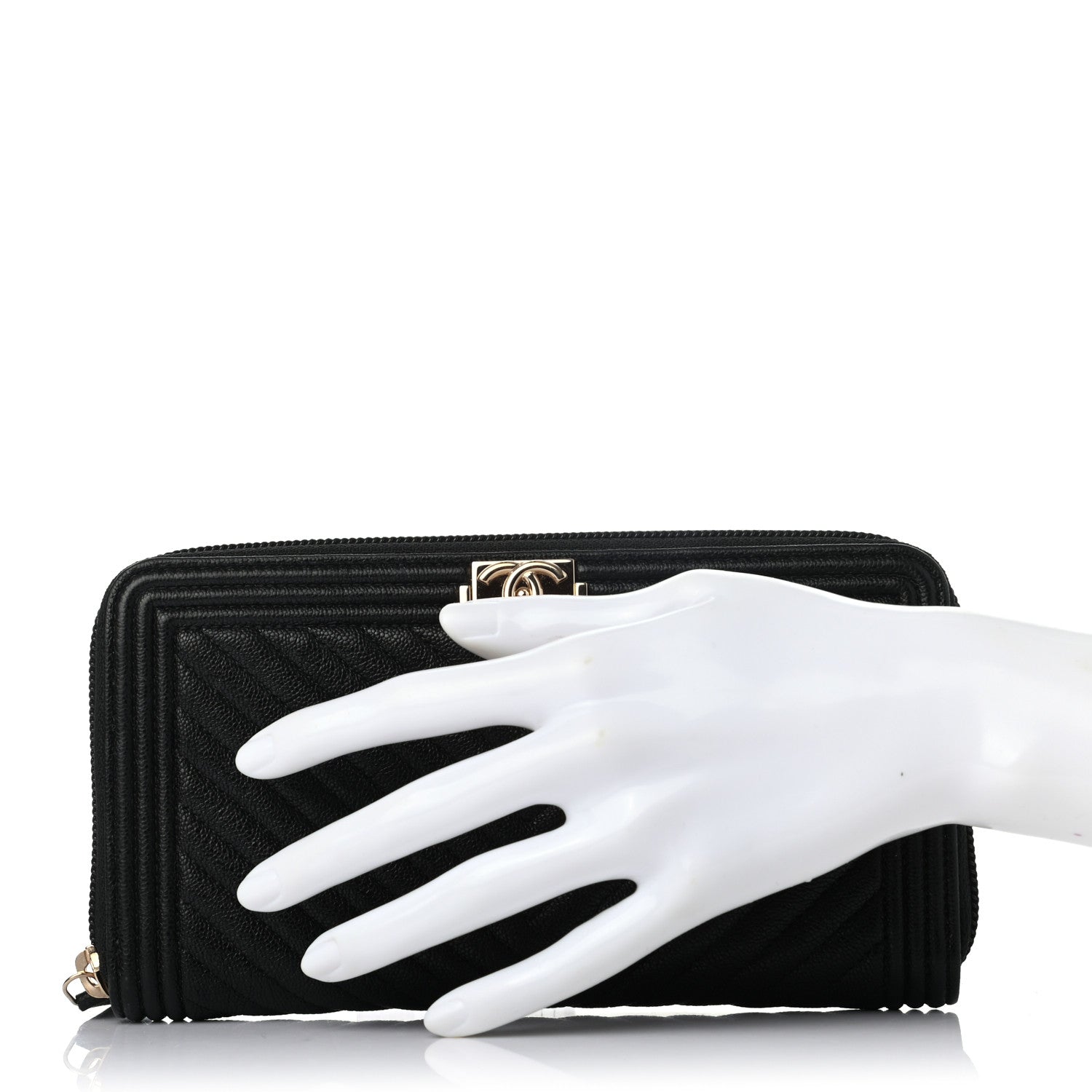 Chanel Caviar Chevron Quilted Zip Around Boy Wallet Black 2 of 8