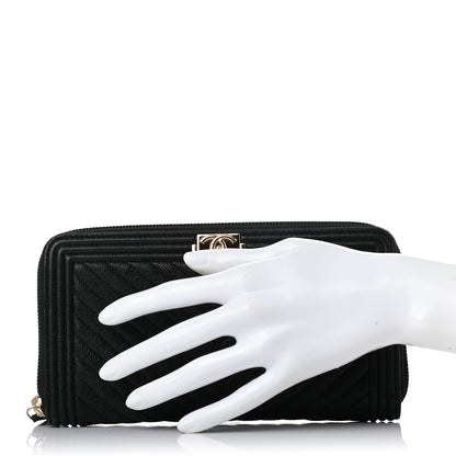Chanel Caviar Chevron Quilted Zip Around Boy Wallet Black 2 of 8