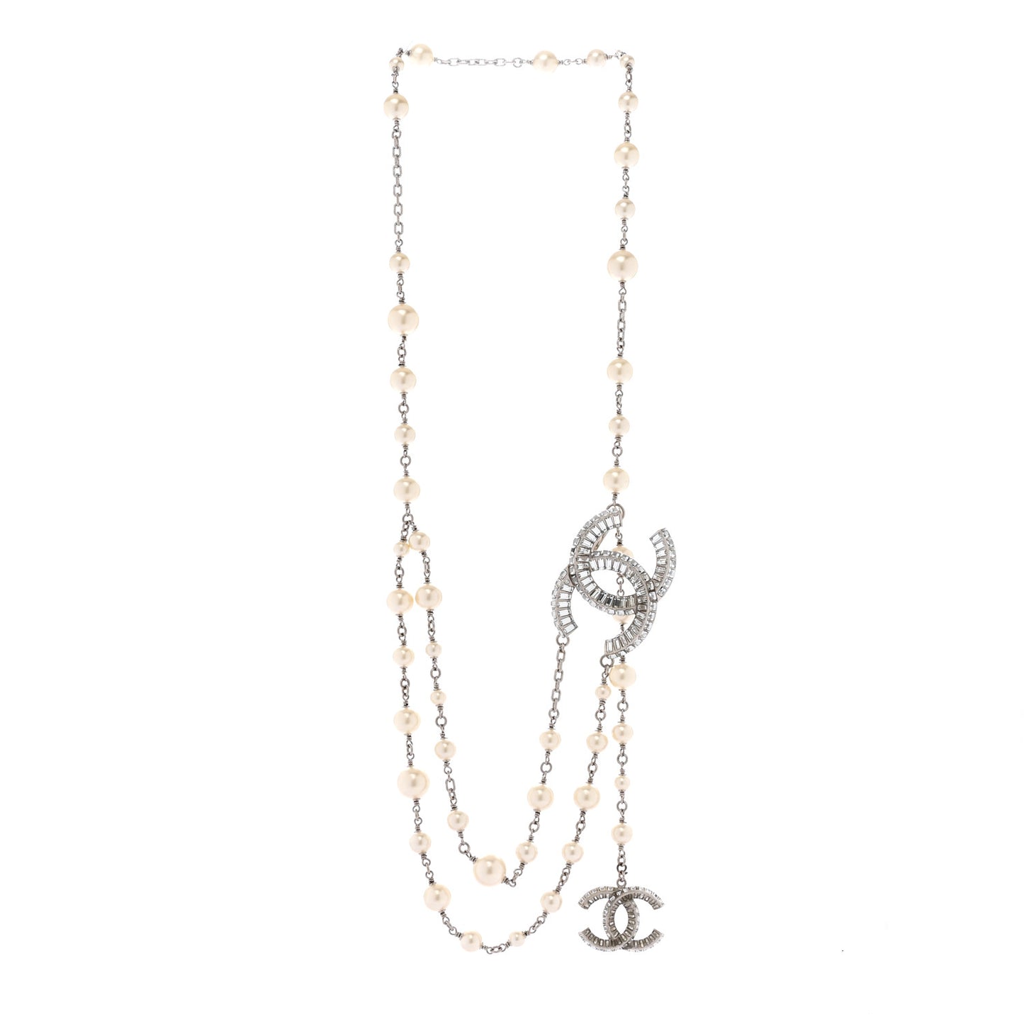 Pearl Baguette Crystal CC Long Necklace Silver