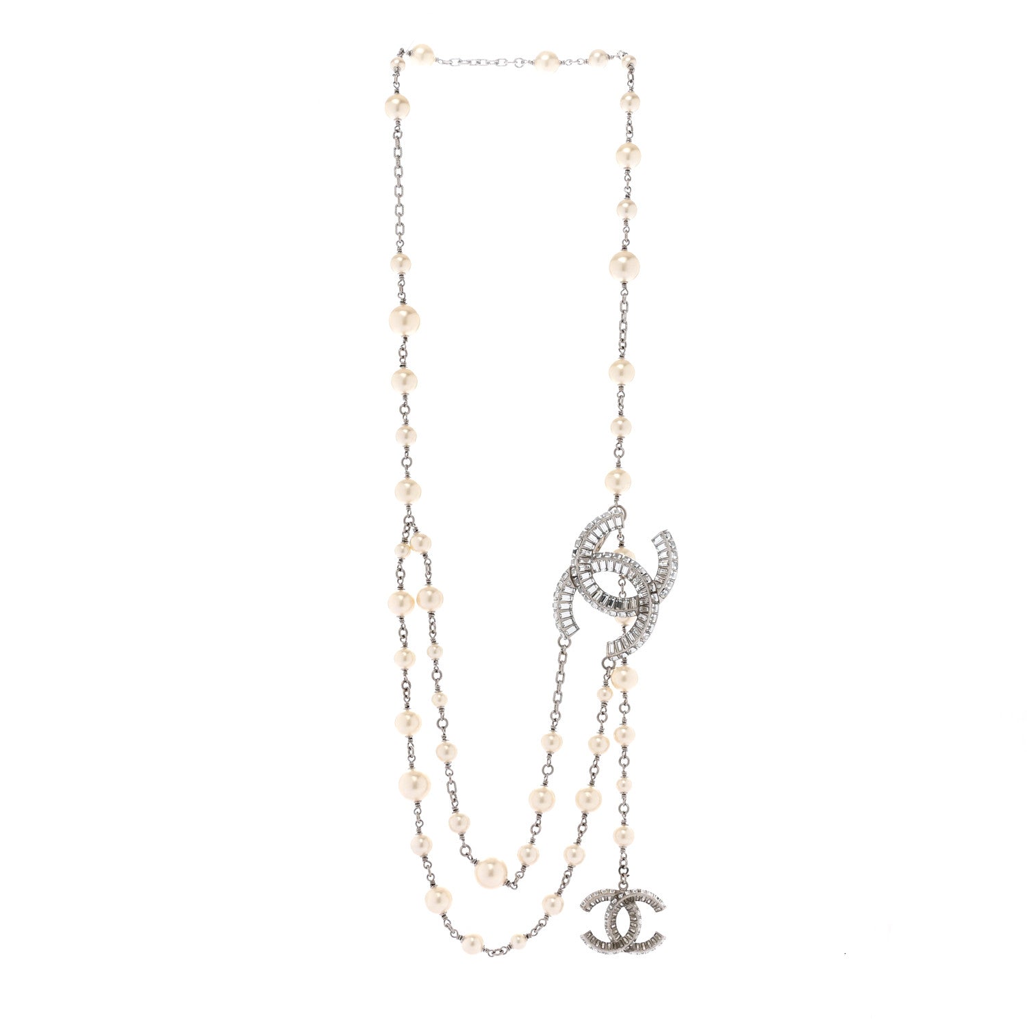 Chanel Pearl Baguette Crystal CC Long Necklace Silver 3 of 6