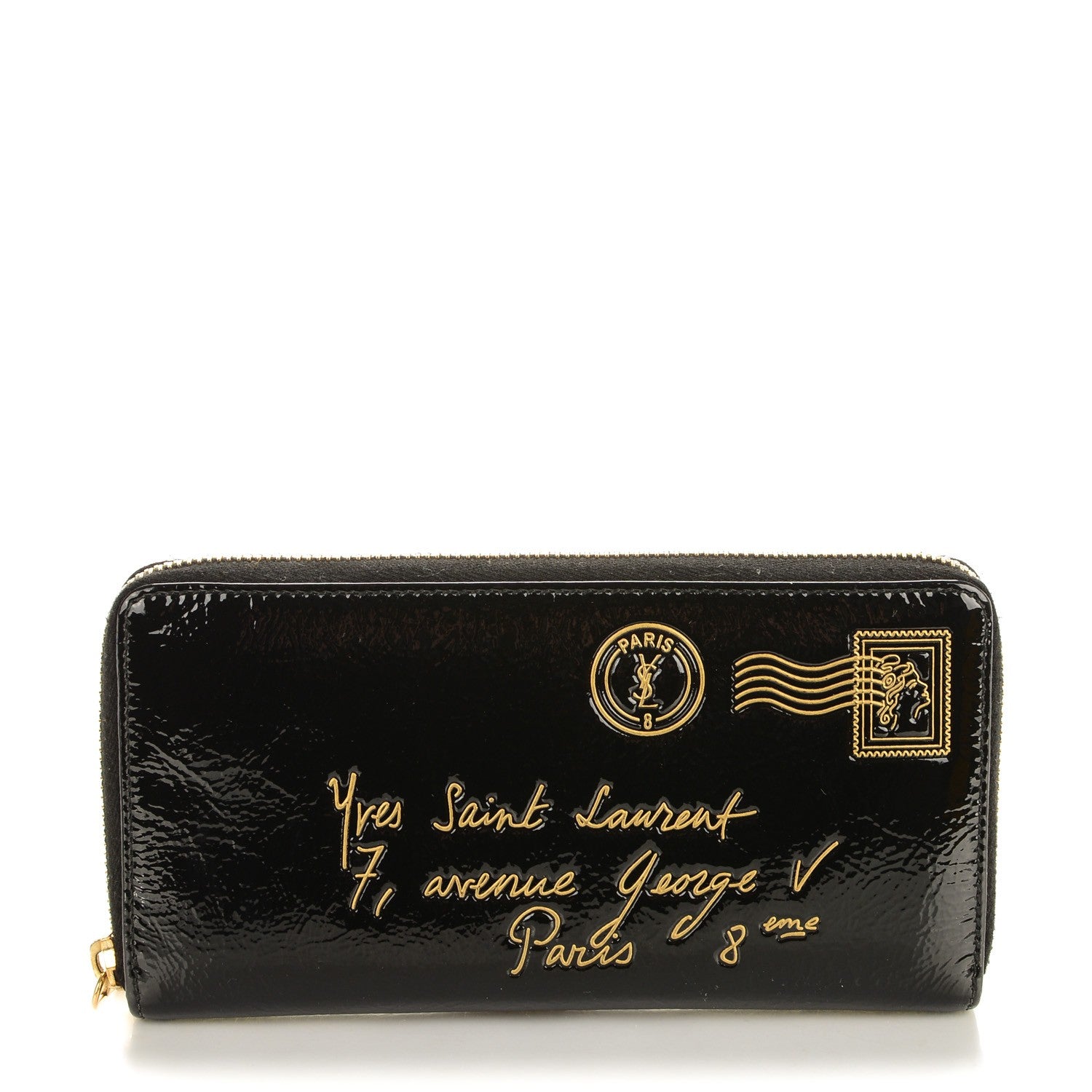Saint Laurent Patent Y Mail Zip Around Wallet Black 141059