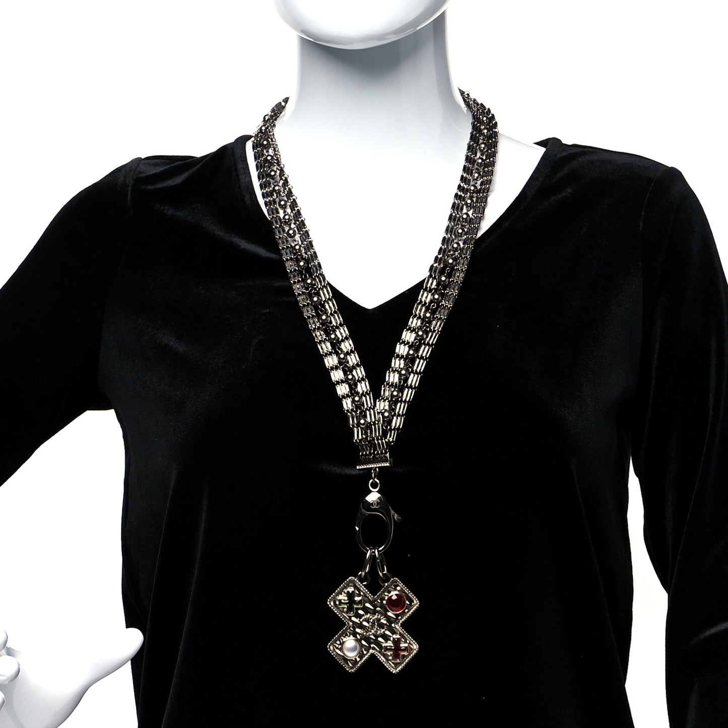 Ruthenium Resin Pearl CC Cross Long Pendant Necklace Multicolor