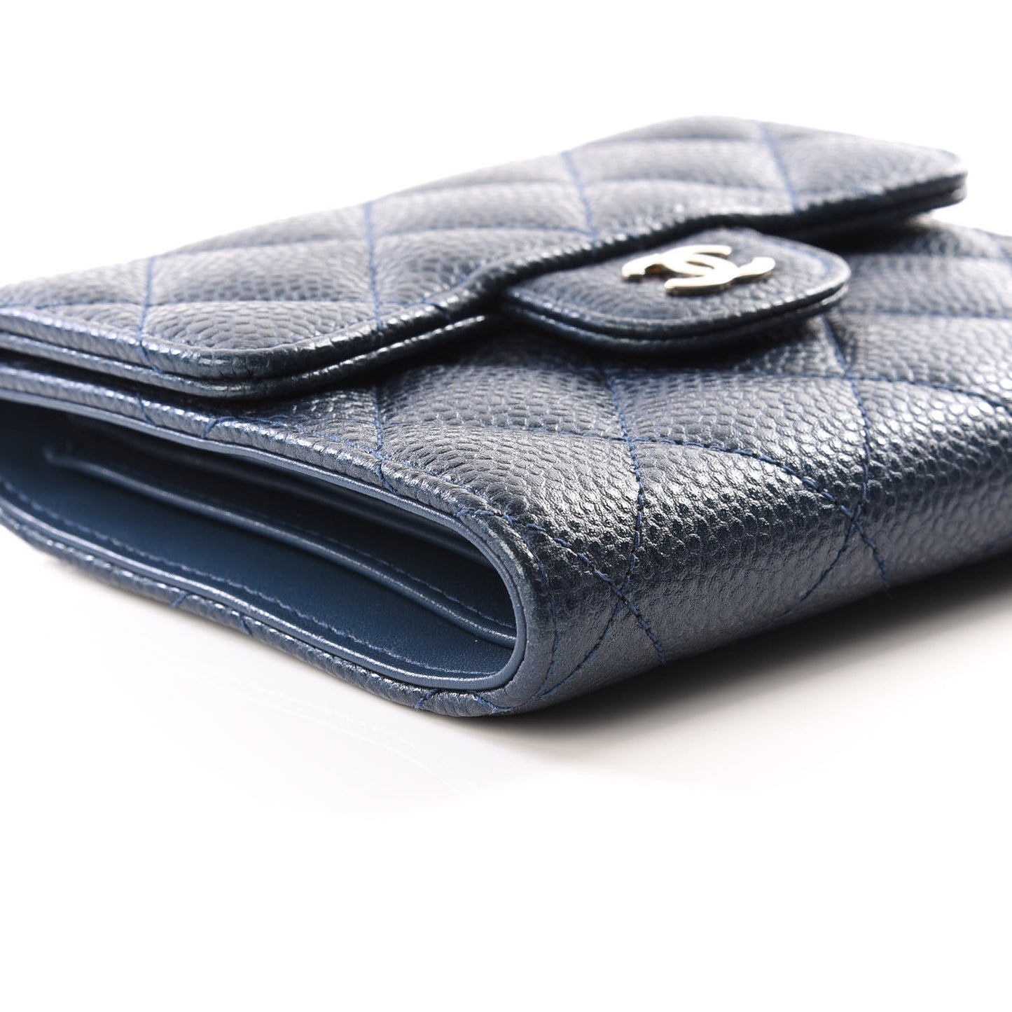 Metallic Caviar Quilted Compact Flap Wallet Dark Blue