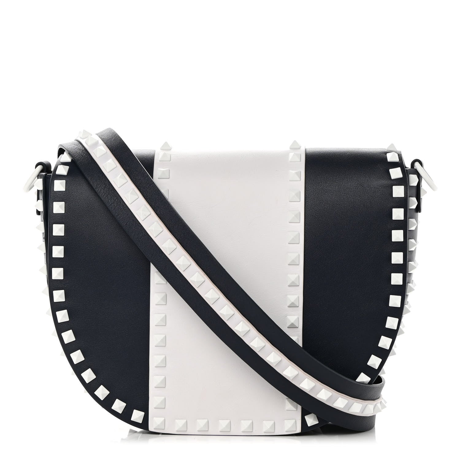 Valentino Garavani Vitello Colorblock Large Free Rockstud Halfmoon Saddle Bag Marine White 1 of 14