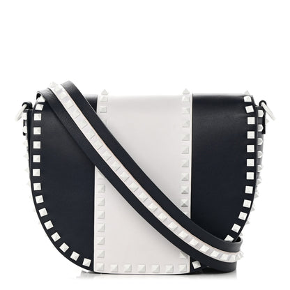 Valentino Garavani Vitello Colorblock Large Free Rockstud Halfmoon Saddle Bag Marine White 1 of 14