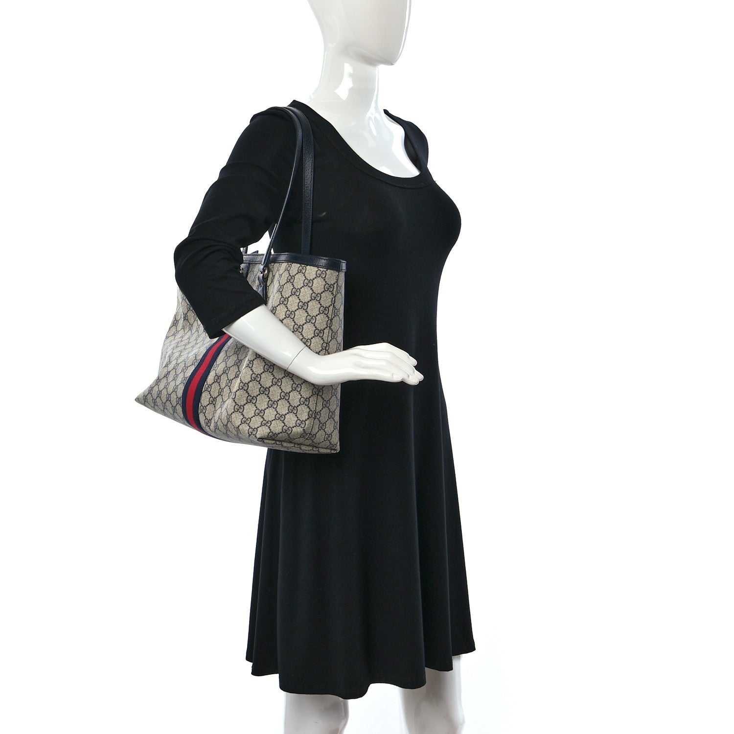 Gucci GG Supreme Monogram Textured Calfskin Web Medium Ophidia Shopping Tote Beige Blue 2 of 9