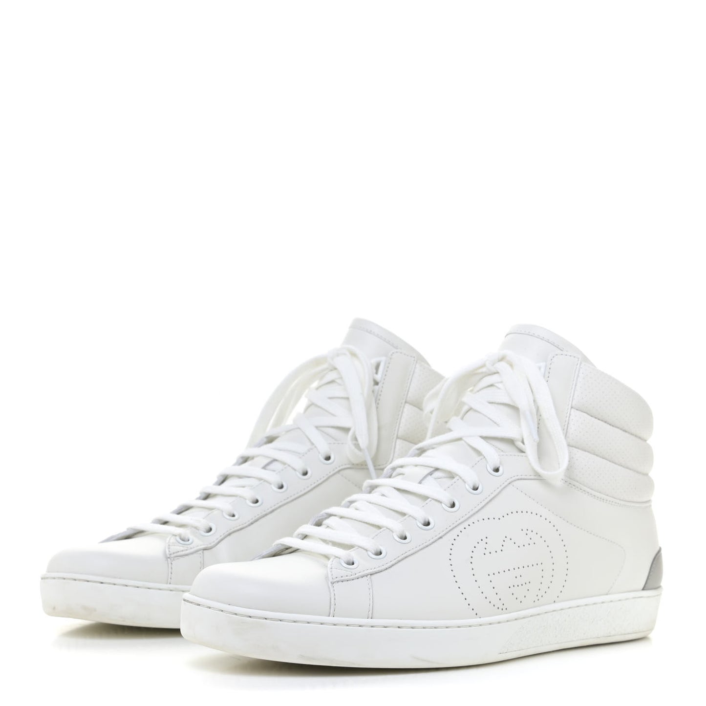 Calfskin Interlocking G Perforated Mens Ace High Top Sneakers 10 White Great White Grey Sky