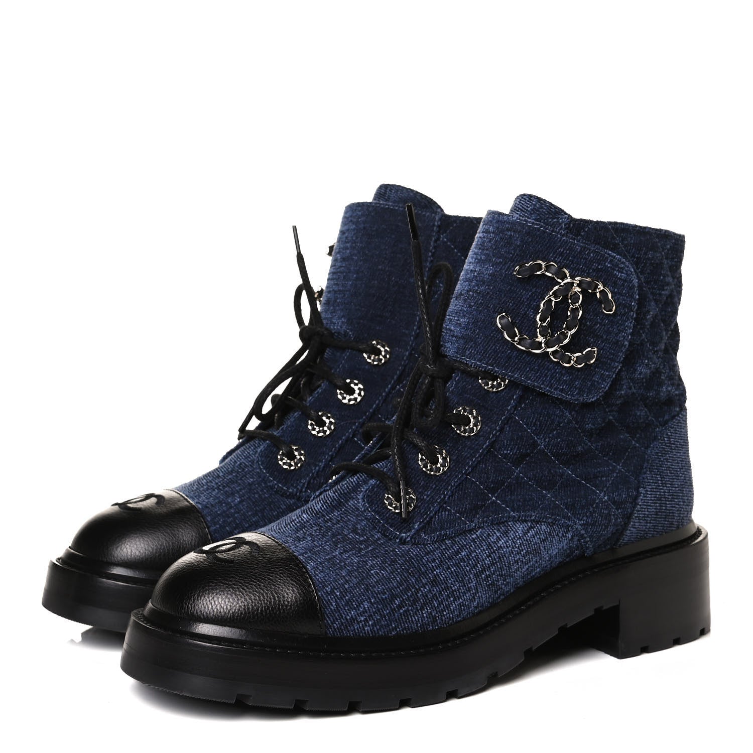 Chanel Shiny Calfskin Velvet Quilted Lace Up Combat Boots 39 Blue Black 3 of 14