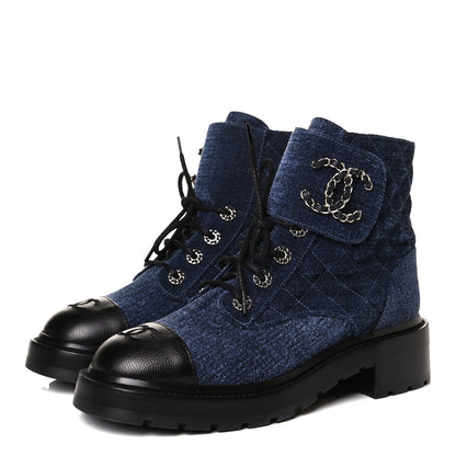 Chanel Shiny Calfskin Velvet Quilted Lace Up Combat Boots 39 Blue Black 3 of 14