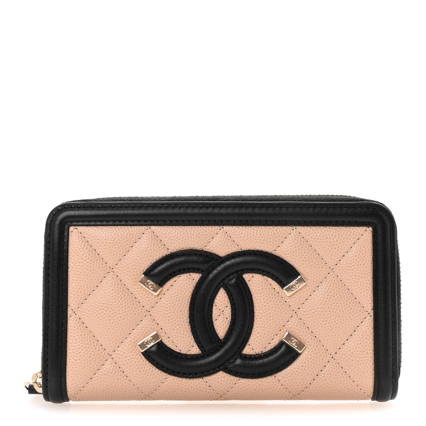 Caviar Quilted Filigree Zip Around Wallet Beige Black