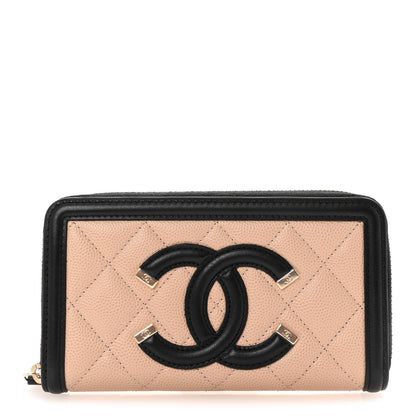 Chanel Caviar Quilted Filigree Zip Around Wallet Beige Black 1 of 9