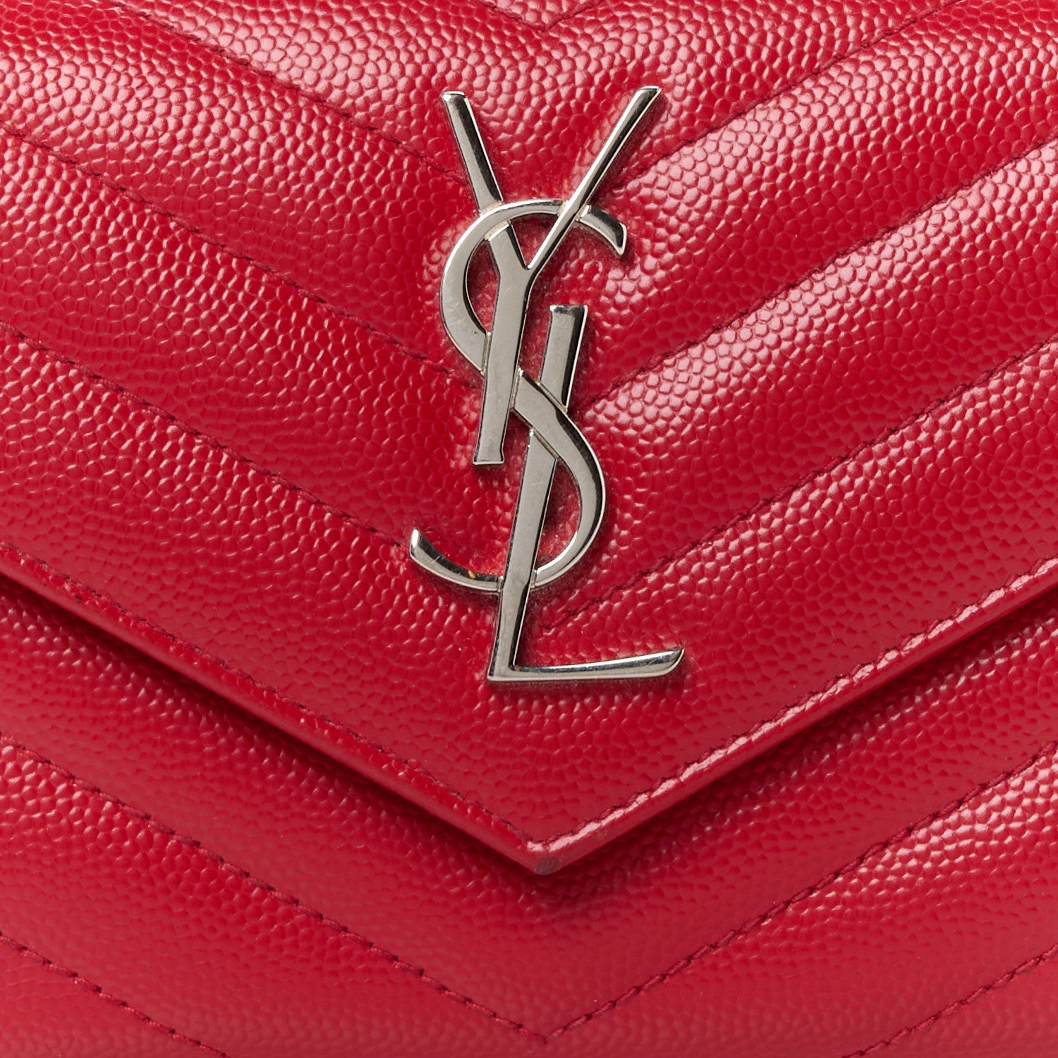 Saint Laurent Grain De Poudre Matelasse Chevron Monogram Compact Tri Fold Wallet Red 10 of 11