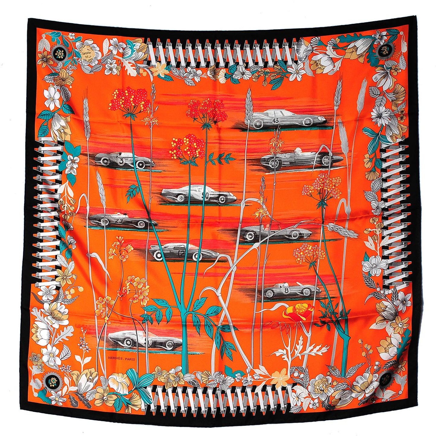 Silk Soie Les Bolides Scarf 90 Noir Orange Vert
