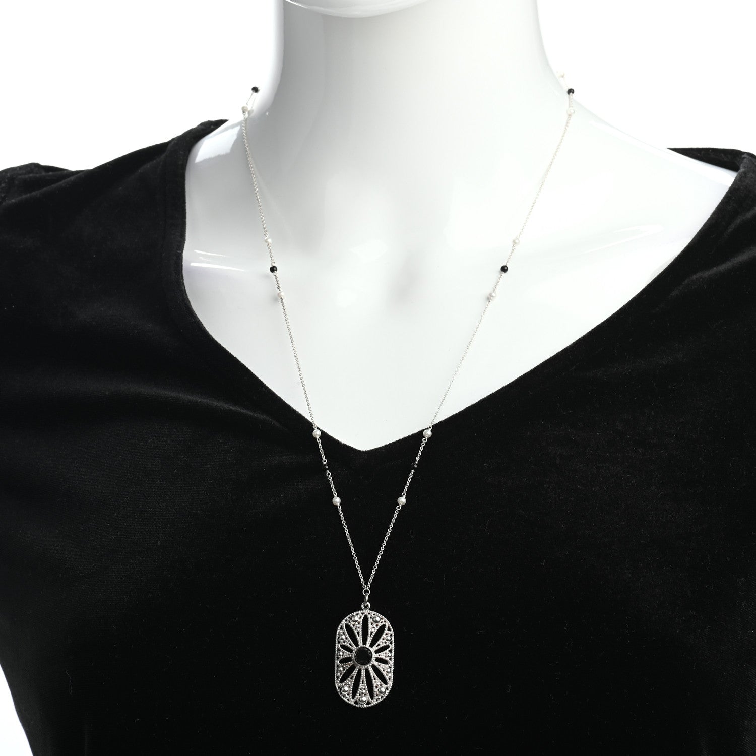 Tiffany Sterling Silver Black Onyx Pearl Ziegfeld Daisy Pendant Necklace 2 of 4