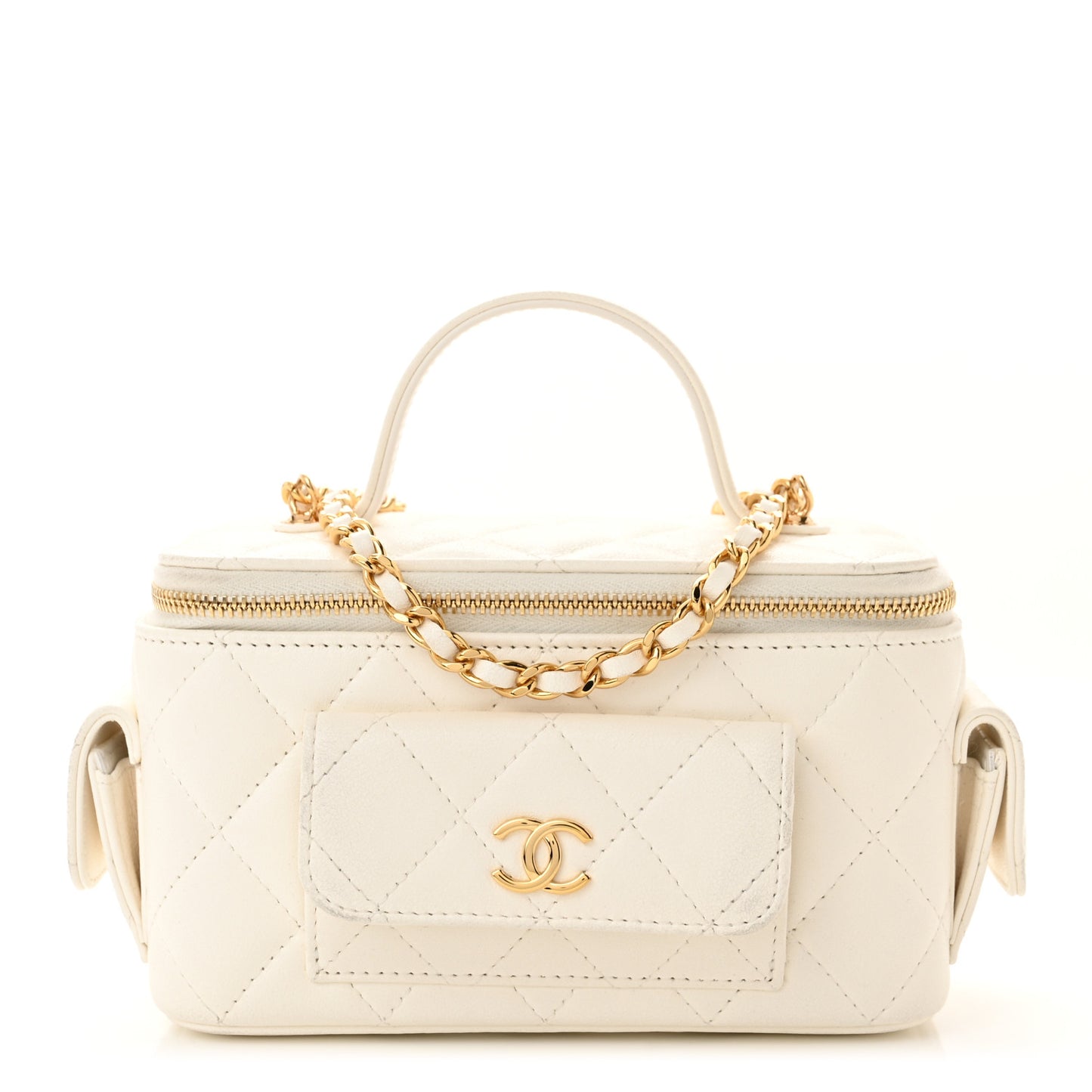 Lambskin Quilted Polly Pocket East West Top Vanity With Chain White