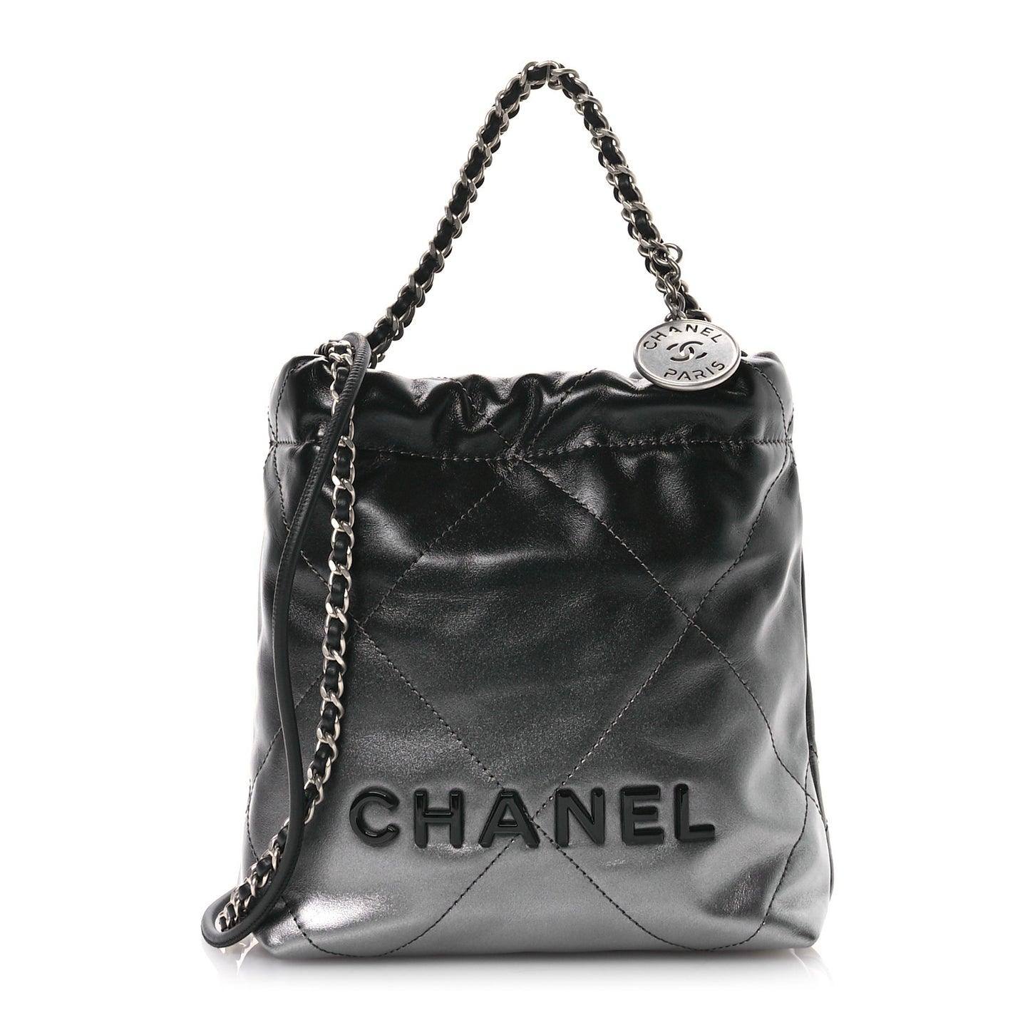 Metallic Shaded Calfskin Quilted Mini Chanel 22 Black Silver