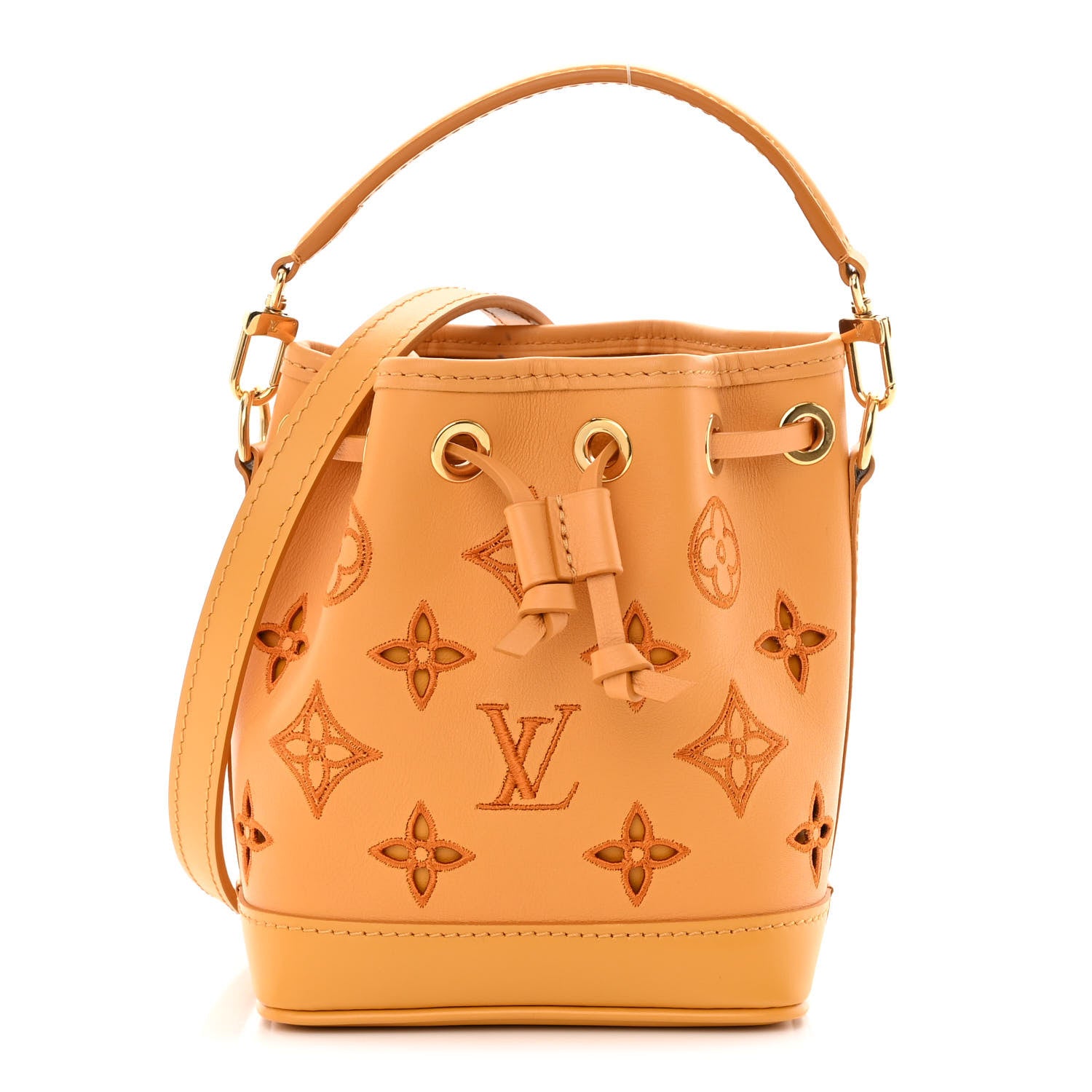 this is an image of a LOUIS VUITTON Perforated Calfskin Monogram Nano Noe in the color Safran Yellow by FASHIONPHILE