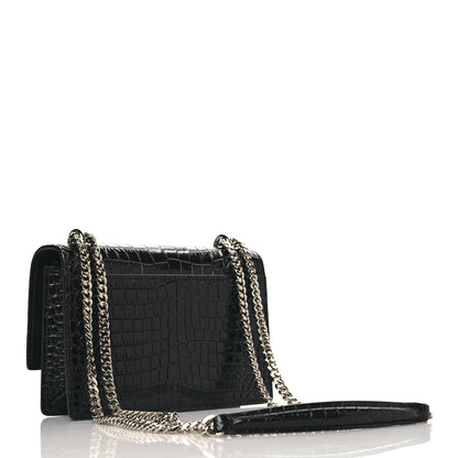 Saint Laurent Calfskin Crocodile Embossed Monogram Sunset Chain Wallet Navy 3 of 8