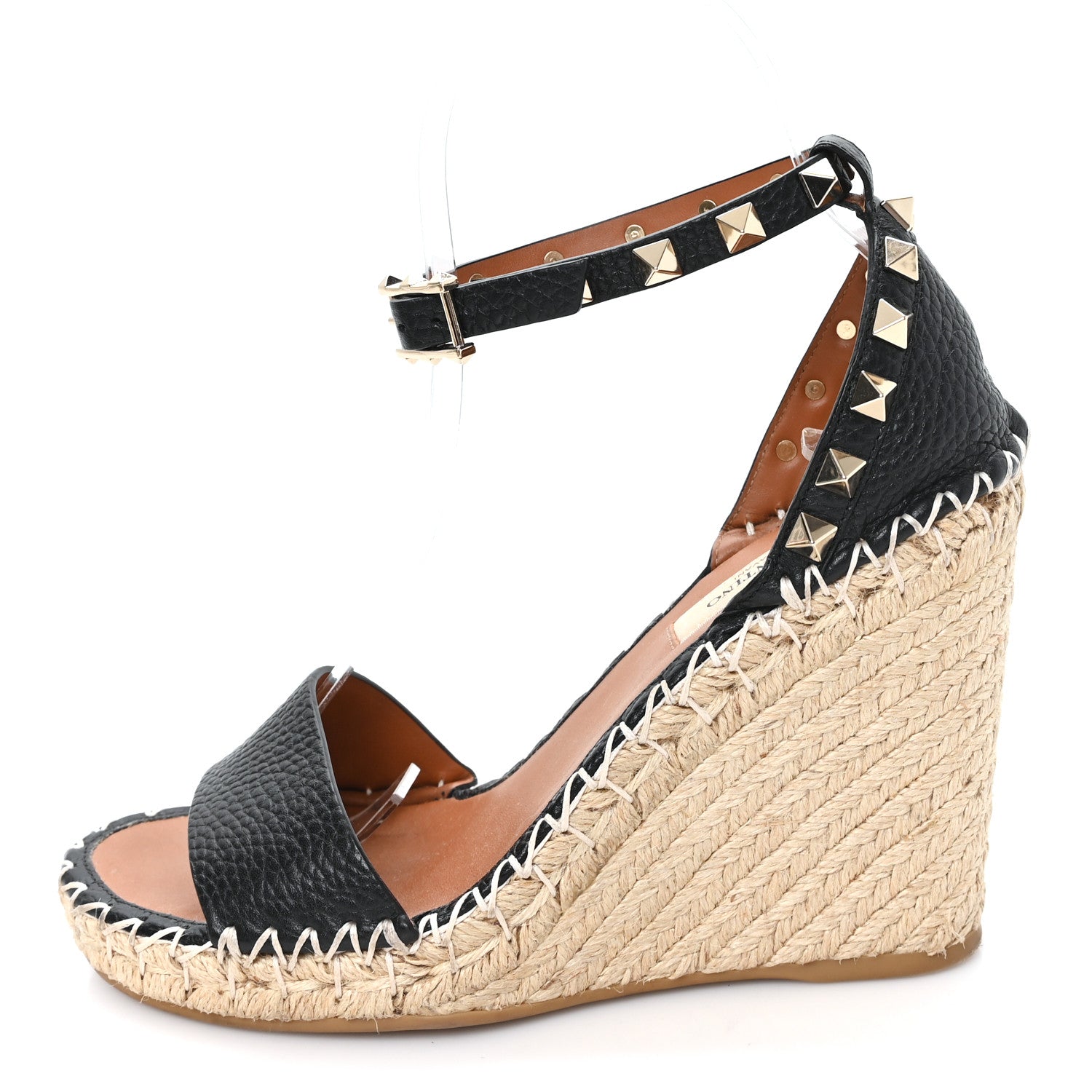Valentino Garavani Grained Calfskin Rockstud Ankle Wrap Espadrille 15/85mm Wedges 35 Black Light Cuir 1 of 9