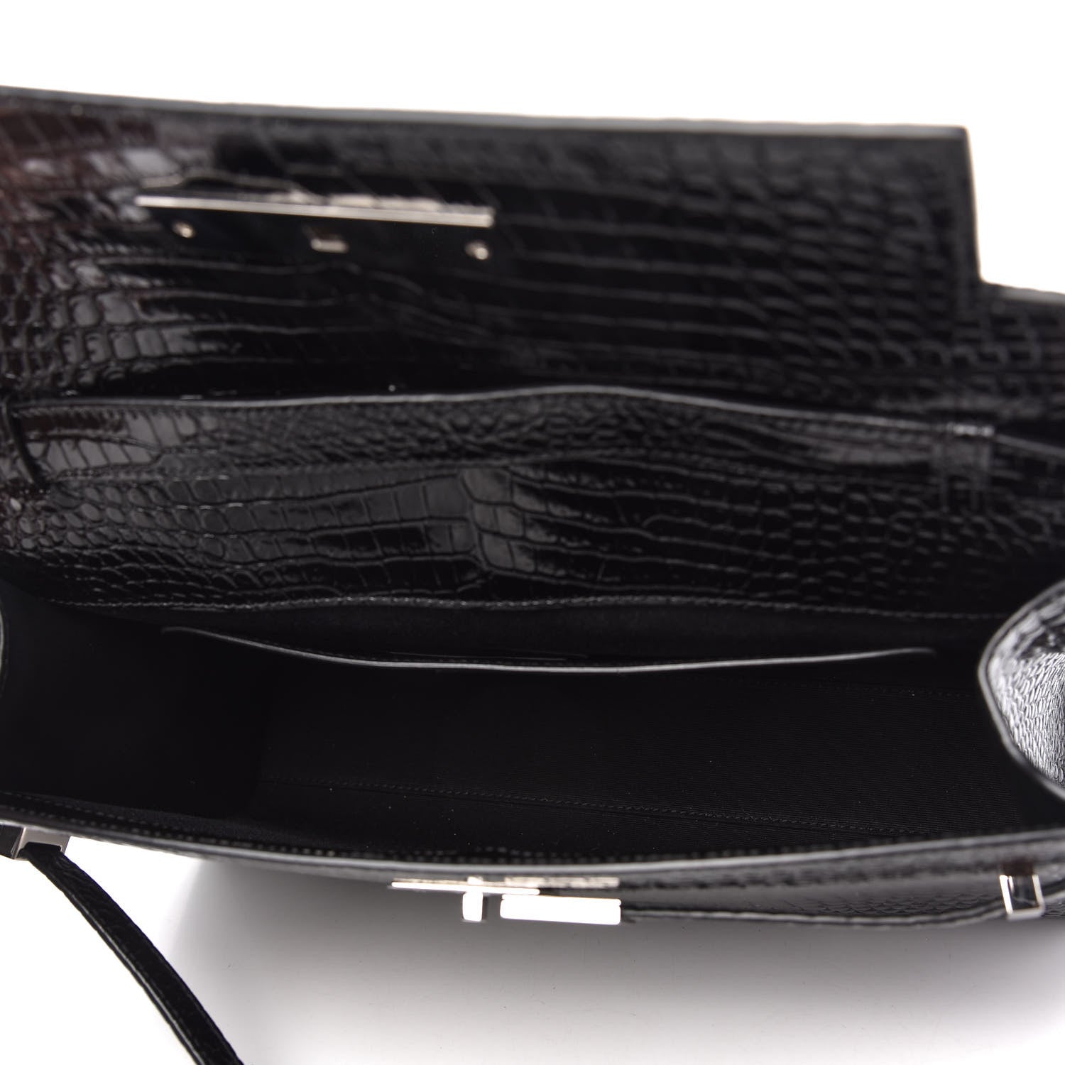 Saint Laurent Shiny Calfskin Crocodile Embossed Manhattan Baguette Black 5 of 9