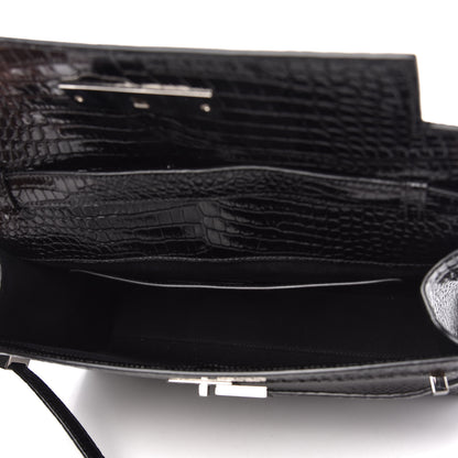 Saint Laurent Shiny Calfskin Crocodile Embossed Manhattan Baguette Black 5 of 9