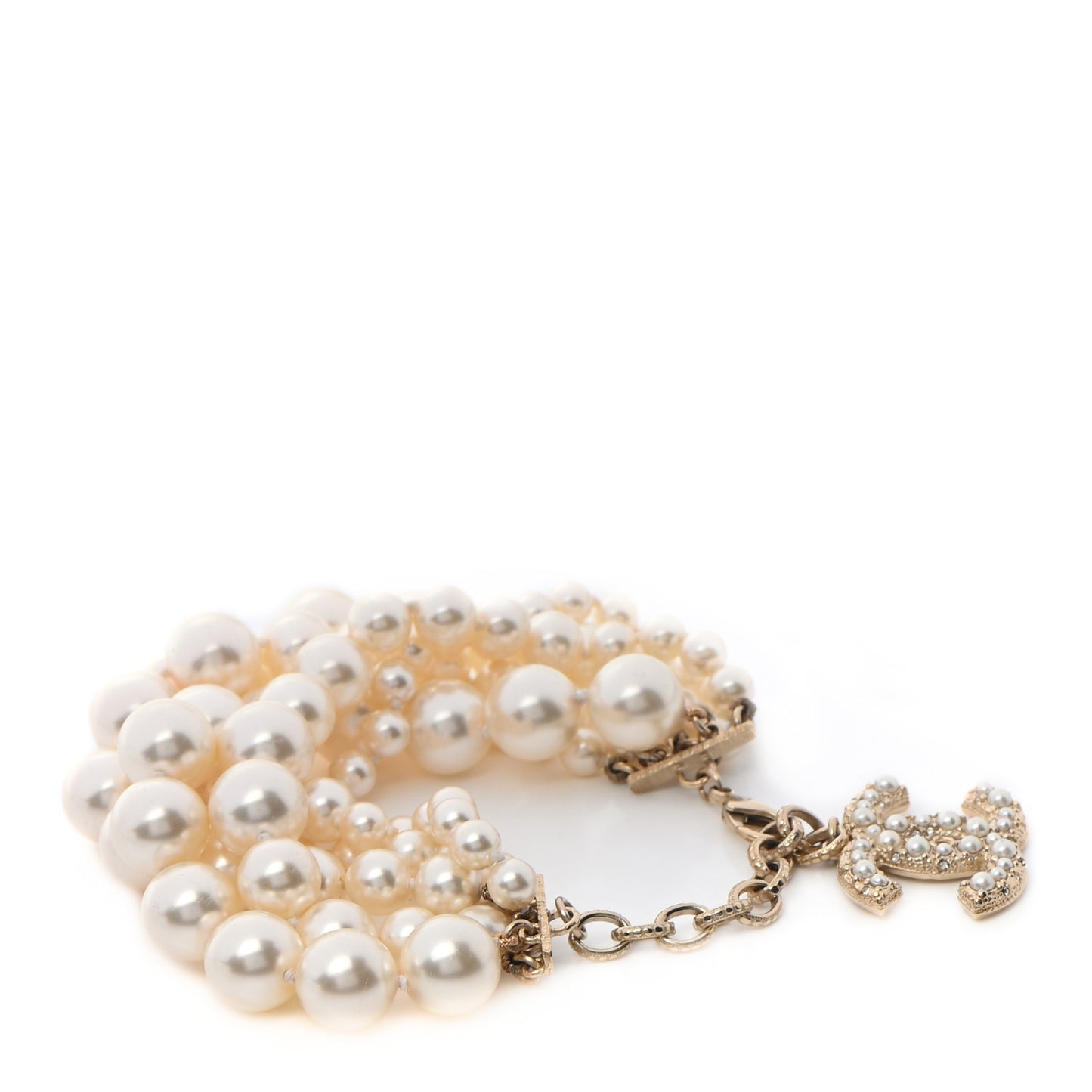Graduated Pearl Crystal CC Multi Strand Bracelet Gold