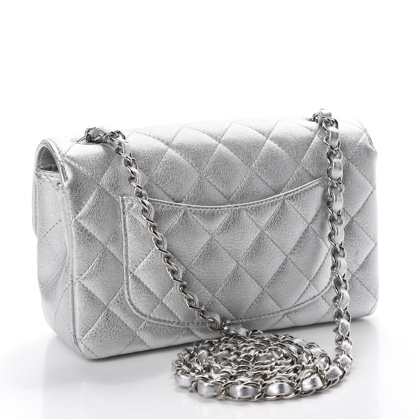 Metallic Lambskin Quilted Mini Rectangular Flap Silver