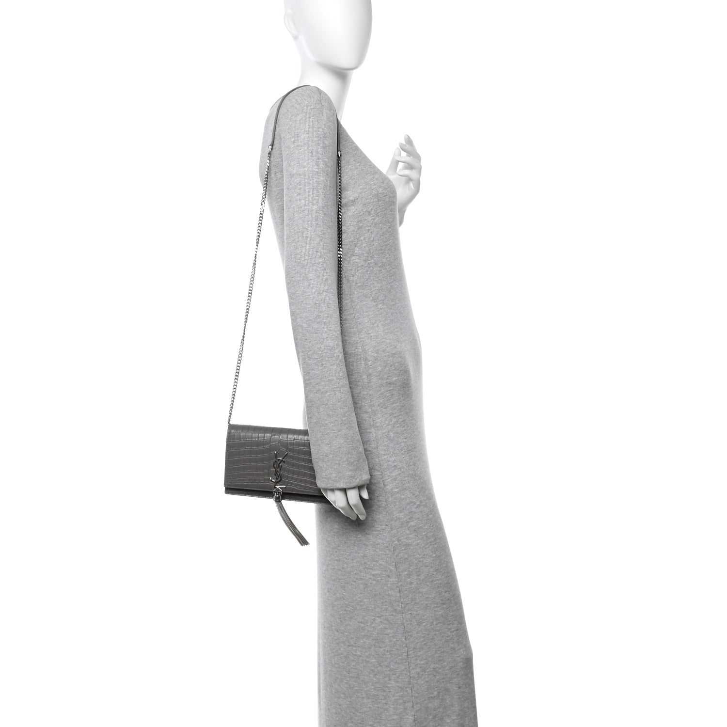 Saint Laurent Calfskin Crocodile Embossed Kate Monogram Tassel Chain Wallet Fog 2 of 12
