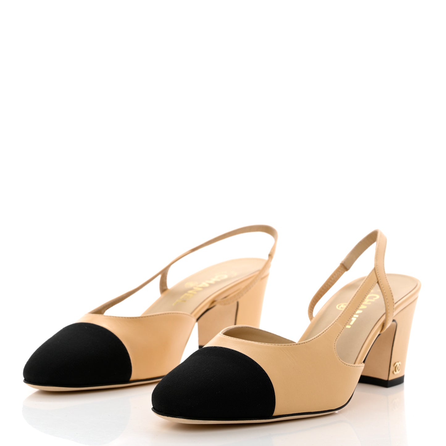 Goatskin Grosgrain Cap Toe CC Slingback Pumps 40 Beige Black