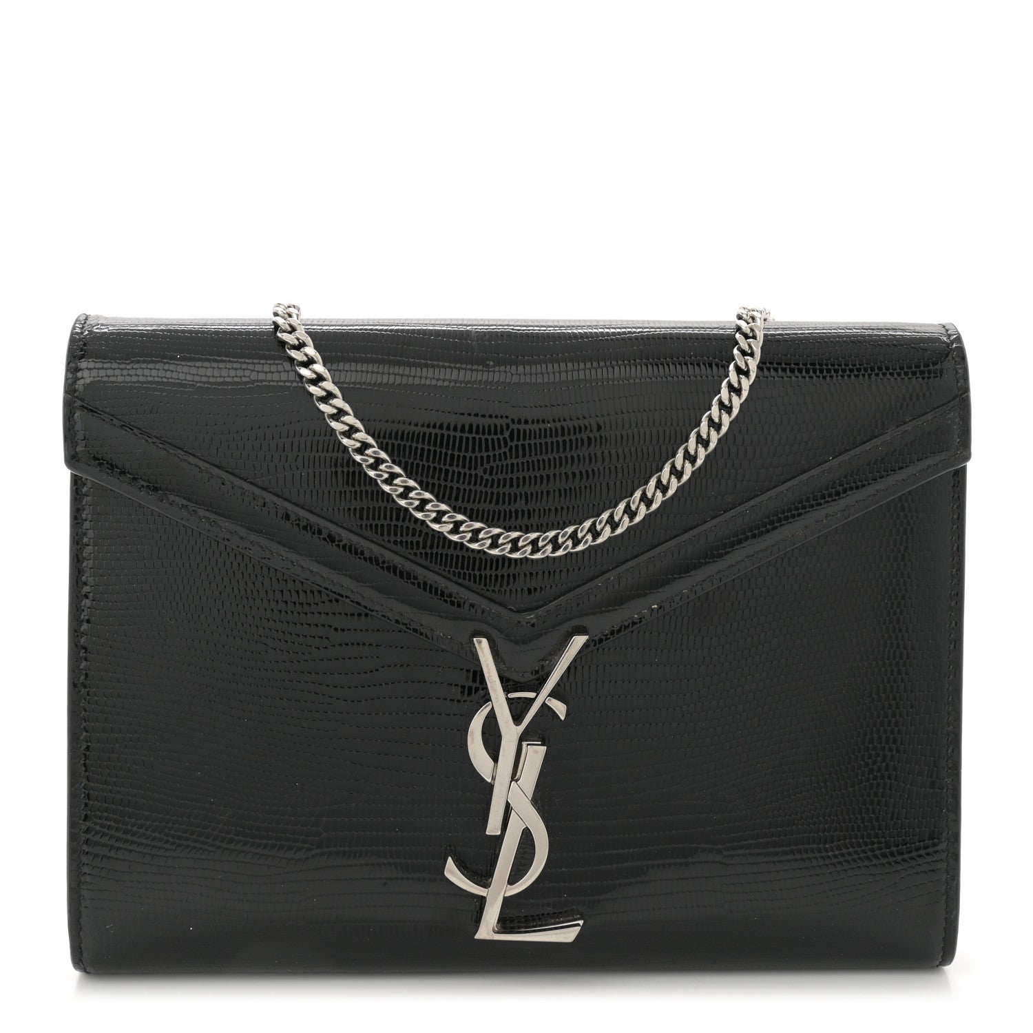 Saint Laurent Calfskin Lizard Embossed Monogram Cassandra Chain Wallet Black 1 of 13